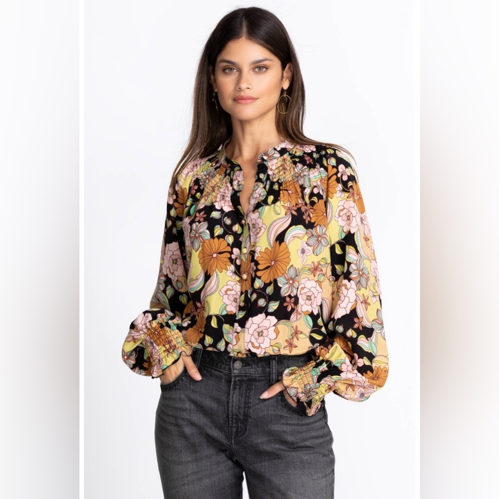 Johnny Was Love Diana Silk Floral Long Sleeve Blouse Boho Chic Size S